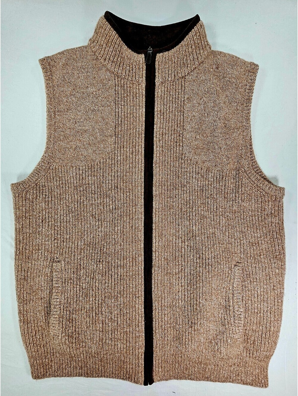 L.L.Bean Mens XL Merino Lambswool Sweater Vest Full Zip Brown Tan Outdoor